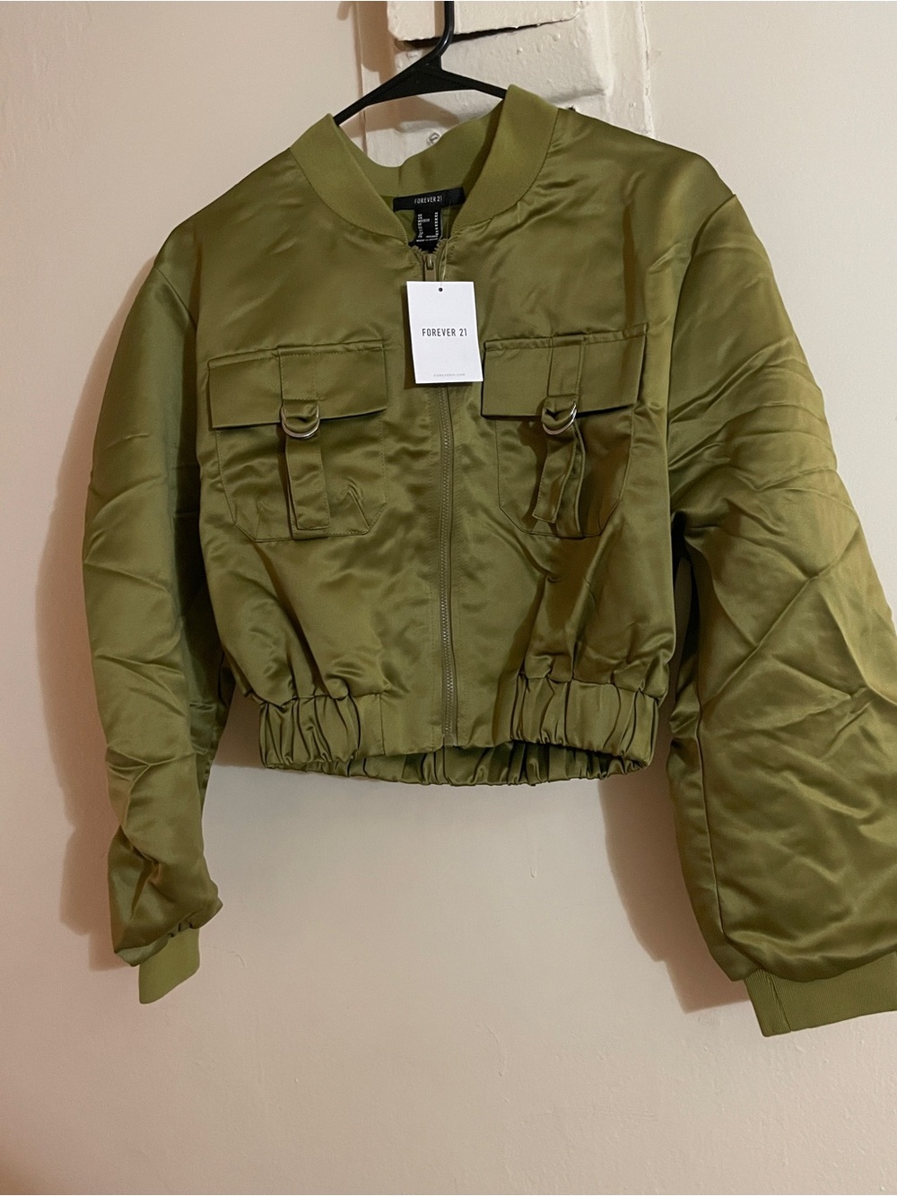 Forever 21 Olive Satin Cropped Bomber Jacket